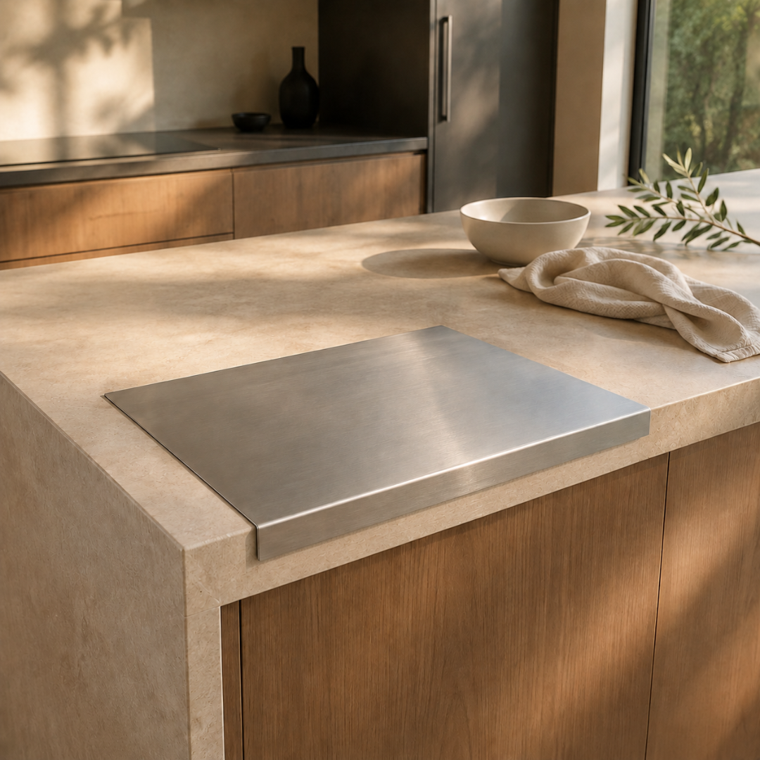 A rectangular stainless steel cutting board with rounded corners sits on a light beige stone kitchen island. The scene is set in a modern kitchen with warm wood cabinets, natural sunlight, and lifestyle props like a white bowl and a cloth napkin.
