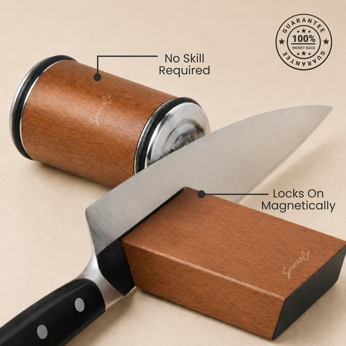 A wooden sharpening stone with a knife partially inserted, shown on a beige background with callout text reading 'No Skill Required' and 'Locks On Magnetically,' plus a circular 'Guarantee 100% Satisfaction' badge.