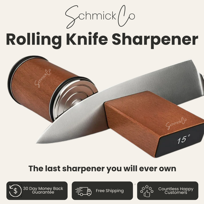 Schmick Co Rolling Knife Sharpener shown with a chef's knife partially inserted, on a light beige background with product text and three feature icons at the bottom.