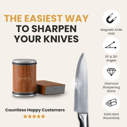 Promotional graphic for a sharpening set showing a wooden cylindrical container, a small rectangular sharpening stone, and a large chef's knife on a light beige background. Text highlights magnetic knife hold, 15° and 20° angles, diamond sharpening stone, solid hard wood body, and customer satisfaction.