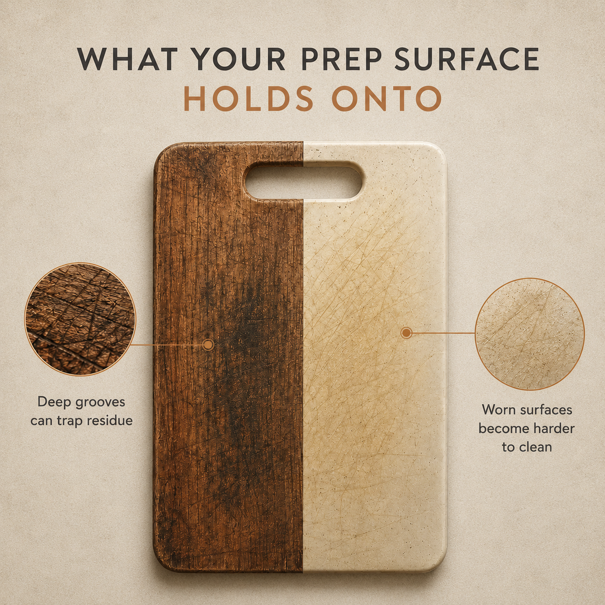 A wooden cutting board with a split dark brown and light beige wood-grain finish, shown on a beige background with text reading 'WHAT YOUR PREP SURFACE HOLDS ONTO' and circular callout insets explaining surface condition.