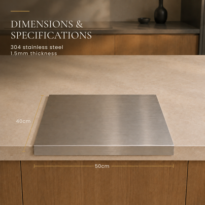 A brushed stainless steel cutting board or prep tray placed on a beige countertop in a kitchen setting, with overlaid text reading 'DIMENSIONS & SPECIFICATIONS' and size labels showing 40cm height, 50cm width, and 304 stainless steel, 1.5mm thickness.