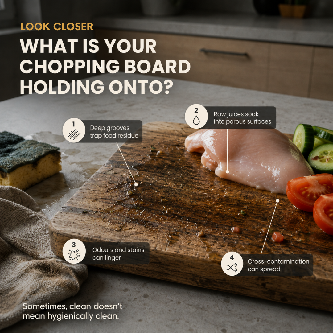 A wooden cutting board in a kitchen setting with raw chicken, cucumber, and tomato slices on top, overlaid with educational callouts about what the board is holding onto, including deep grooves, raw juices, odors, and cross-contamination.